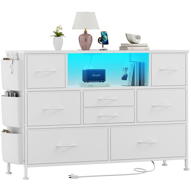 GIKPAL Dresser with Power Outlets, 8 Drawers Dresser with Side Pocket, Chest of Drawers with PU Finish, Fabric Dresser with Sturdy Frame & Wood Top for up to 55inch TV, White