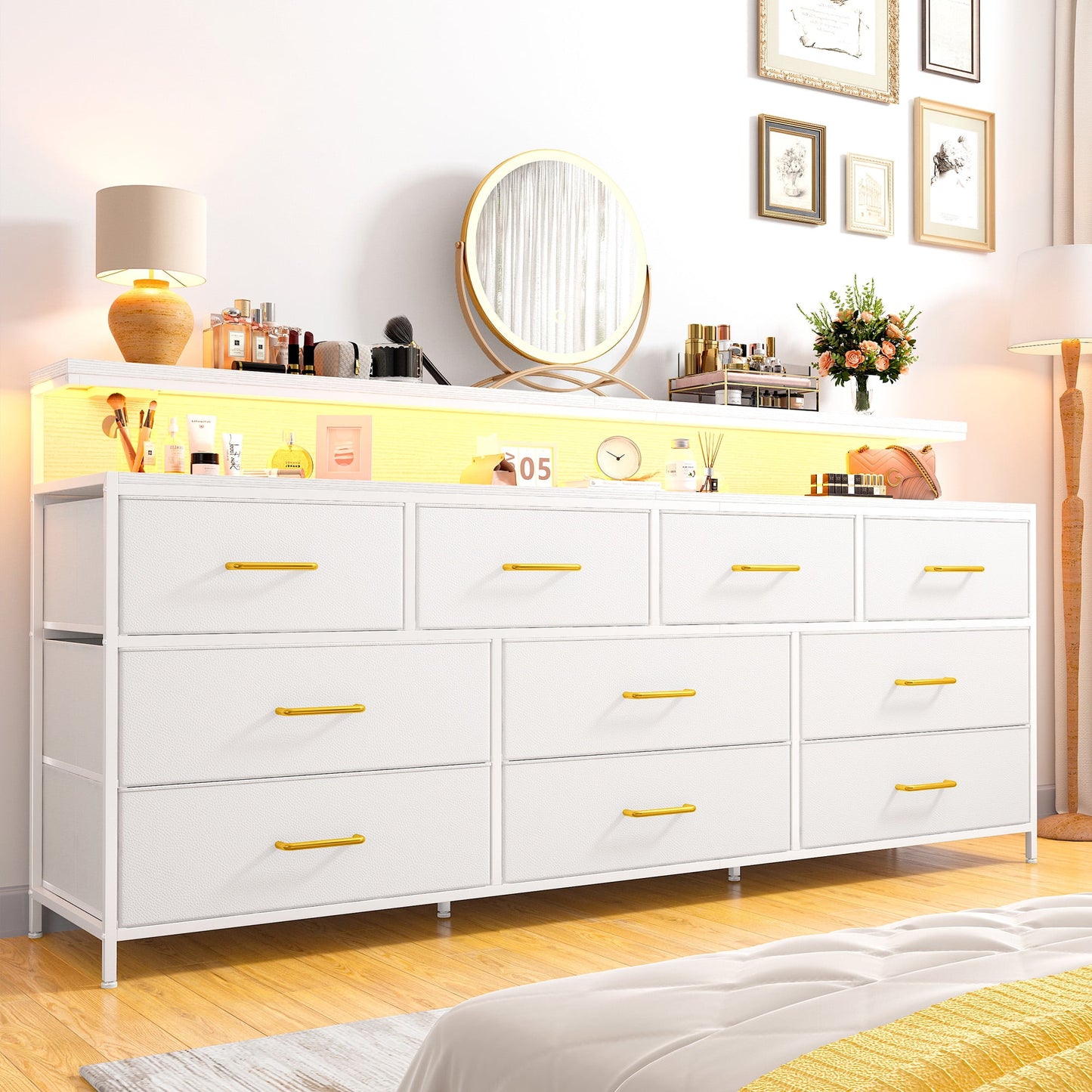 GIKPAL White Dresser with LED Light for Bedroom 5 Drawers with Power Socket, Fabric Dresser and Chest of Drawers, Fits 45" TV