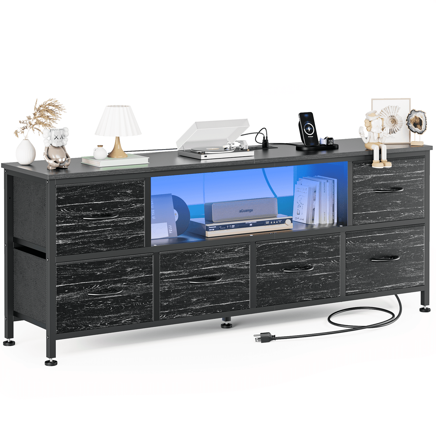 GIKPAL bedroom TV dresser with 5 drawers and open shelf storage, with LED lights and charging sockets, black