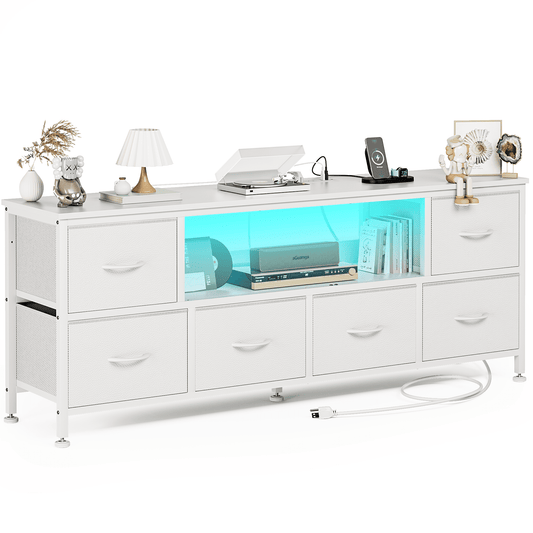 GIKPAL white TV Dresser for Bedroom, with 5 drawers for storage, with LED lights and charging sockets