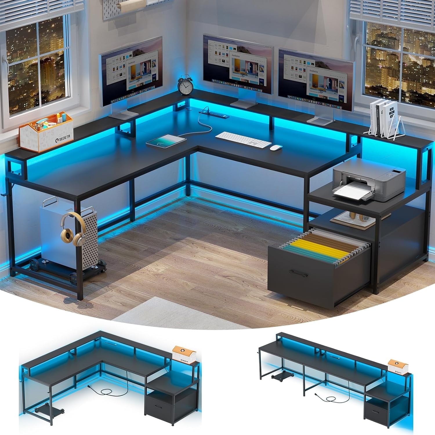L Shaped Desk with Power Outlet and LED Lights, Corner Computer Desk w ...