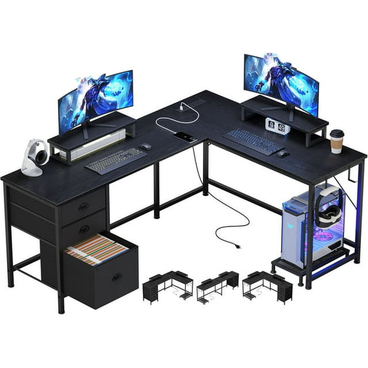 L Shaped Gaming Desk with Drawers, Reversible Computer Desk with File Drawer, Corner Computer Desk with Storage Shelves & Monitor Stand, Home Office Desk Workstation, Black