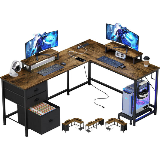 L Shaped Gaming Desk with Drawers, Reversible Computer Desk with File Drawer, Corner Computer Desk with Storage Shelves & Monitor Stand, Home Office Desk Workstation, Brown