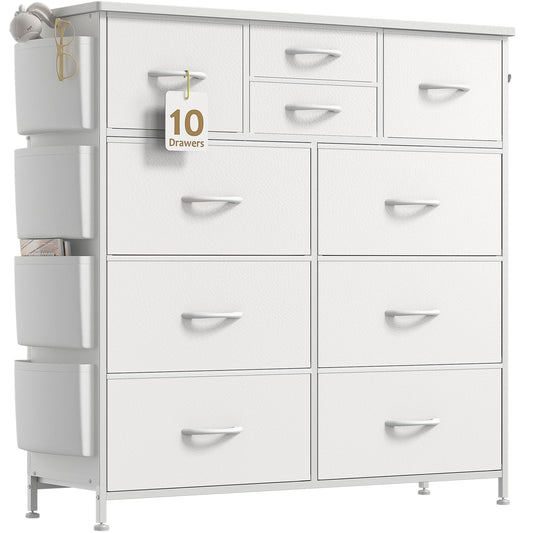 Lulive 10 Drawers White Dressers for Bedroom, PU Dressers & Chest of Drawers with Side Pockets and Hooks for Living Room, Hallway, Closets