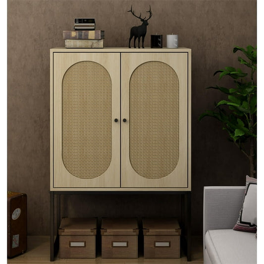 Lulive 2 Door High Rattan Cabinet, Built-in Adjustable shelf Free Standing Cabinet for Living Room Bedroom