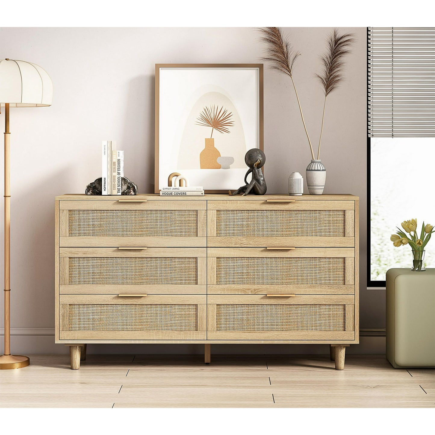 Lulive 6-Drawers Rattan Dresser, 51.18" Dresser Organizer Storage Cabinet Rattan Drawer, for Bedroom, Living Room, Natural