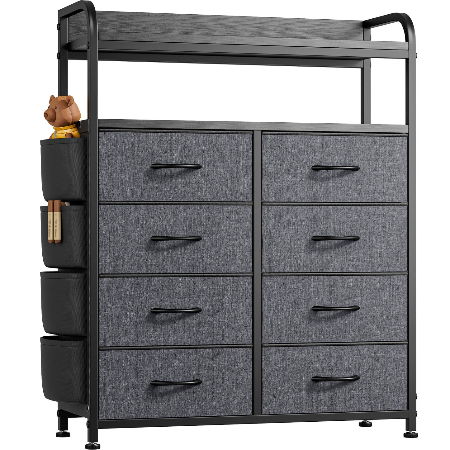 Lulive Drawer Dresser for Bedroom, Chest of 8 Drawers with Side Pockets and Hooks, Fabric Storage Organizer and Wood Top, Gray