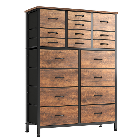 Lulive 18 Drawers Dresser, Chest of Drawers for Bedroom Fabric Storage Cabinet with Handles Side Pockets, and Hooks, Brown