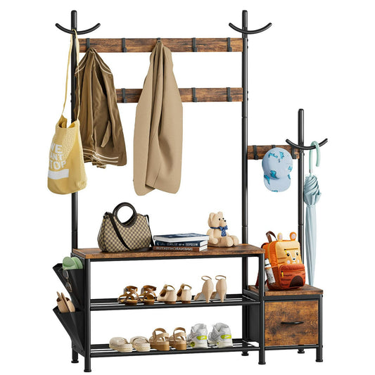 Lulive Entryway Bench with Coat Rack, 1+1 Parent-Child Hall Tree with Bench and Shoe Storage, 4-in-1 Coat Rack Shoe Bench with 4 Side Pockets, 13 Hooks & Drawers,Brown