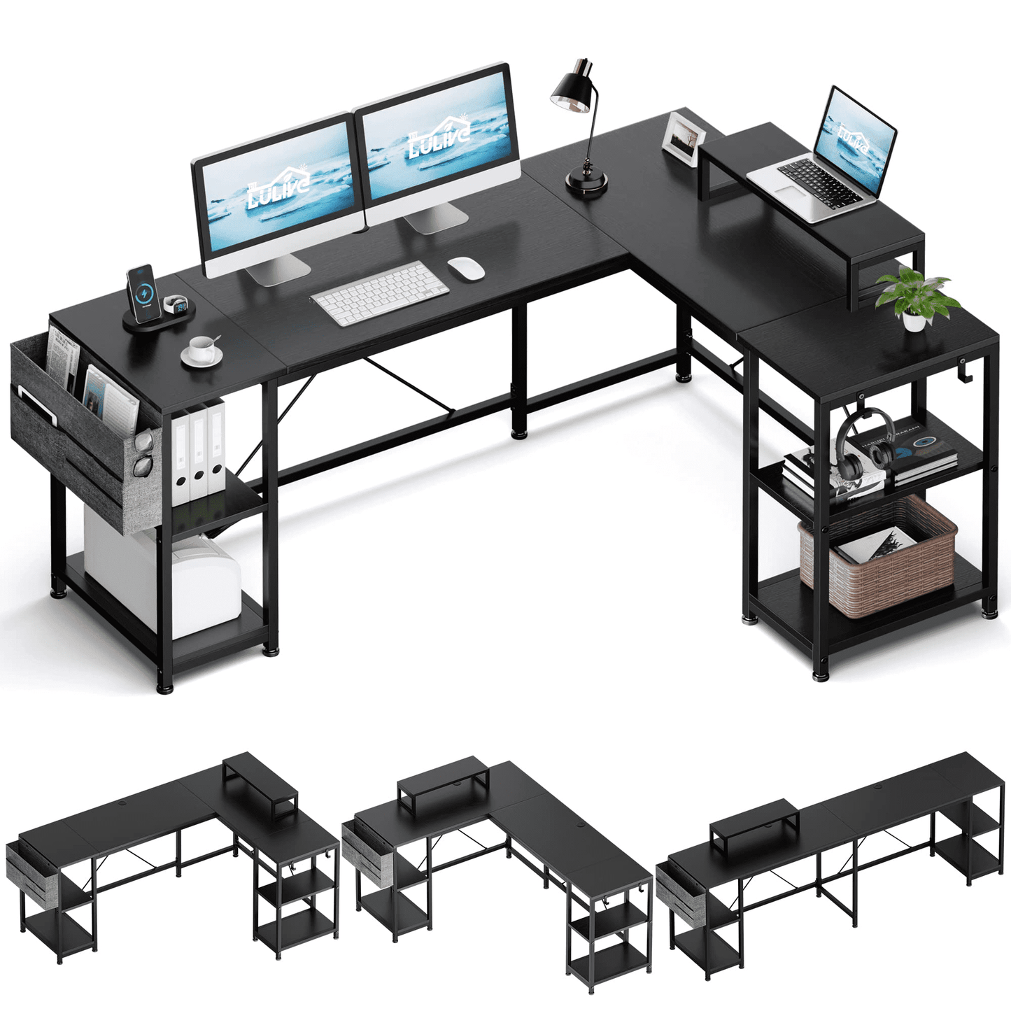 Lulive L Shaped Computer Desk, 95" Reversible Corner Computer Desk with Monitor Stand and Storage Bag