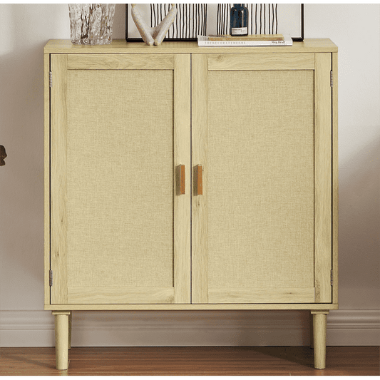 Lulive Mid-Century 2-Door Accent Chest, Wood Storage Cabinet with Shelf and Fabric Covered Panels, Natural