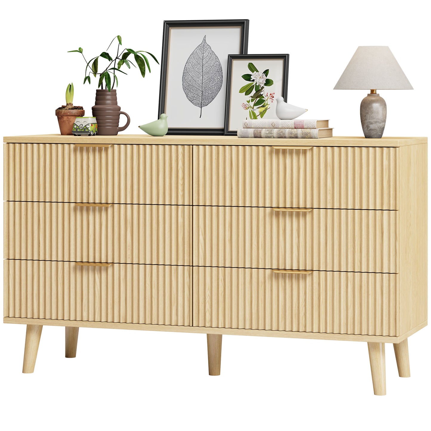 GIKPAL 6 Double Drawer Dresser, Boho Fluted Wooden Double Chest of Storage Dressers for Bedroom, Living Room, Entryway, Natural