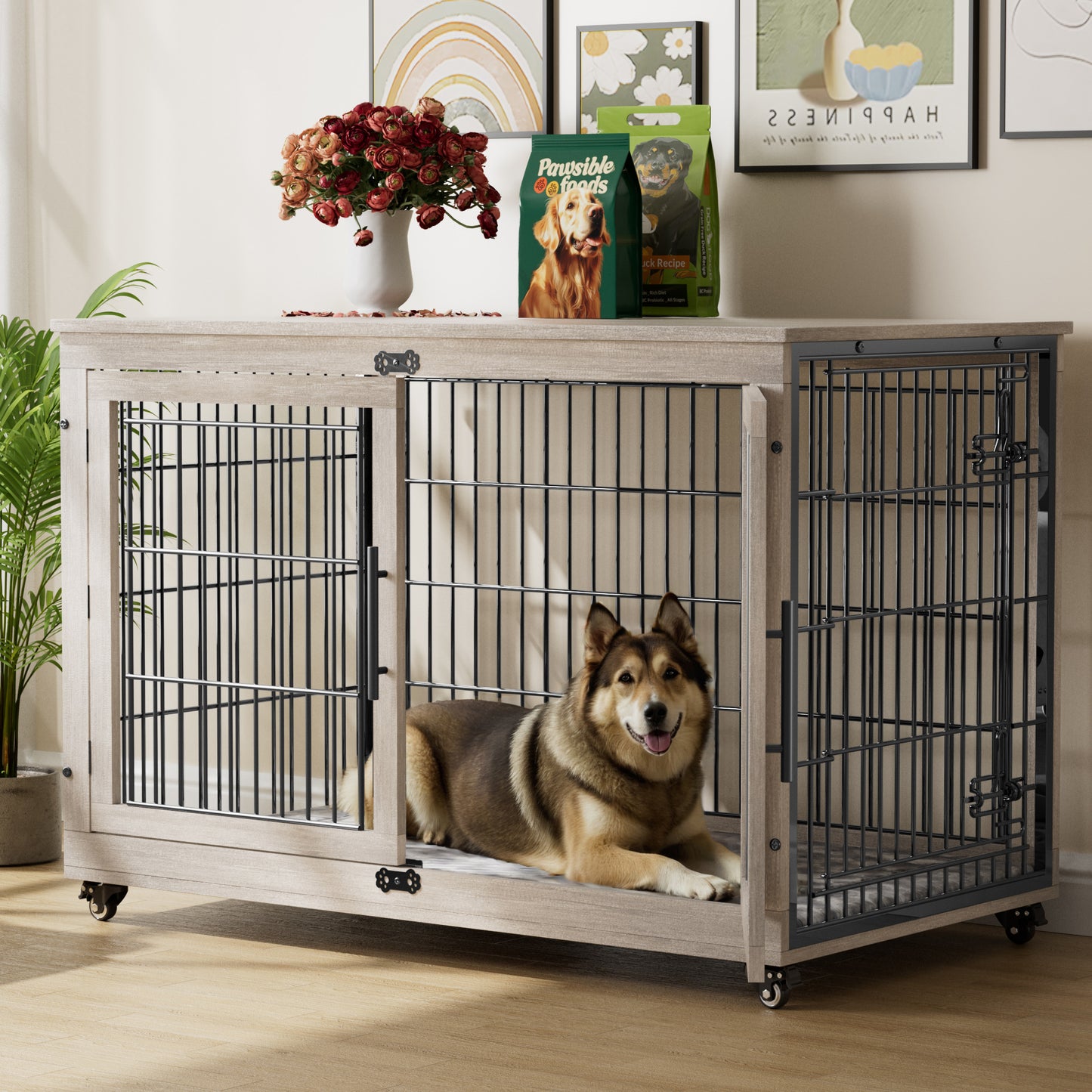 AOWOS 44-Inch Dog Crate with Pads, 2-Door Heavy-Duty Indoor Wooden Dog Cage on Wheels for XL Dogs up to 50 lbs,Gray