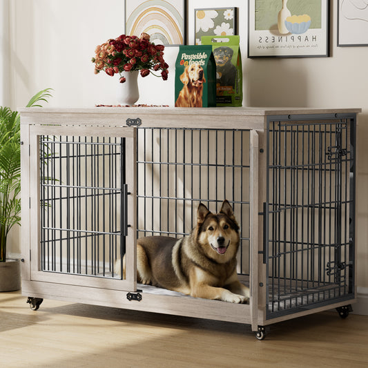 AOWOS 44-Inch Dog Crate with Pads, 2-Door Heavy-Duty Indoor Wooden Dog Cage on Wheels for XL Dogs up to 50 lbs,Gray