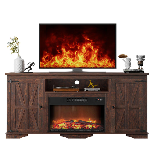 GIKPAL Fireplace TV Stand with Sliding Barn Door for TVs up to 65", Farmhouse 59" Fireplace Entertainment Center with Storage Cabinets/Adjustable Shelves, Brown