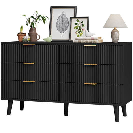 GIKPAL 6 Double Drawer Dresser, Boho Fluted Wooden Double Chest of Storage Dressers for Bedroom, Living Room, Entryway, Black