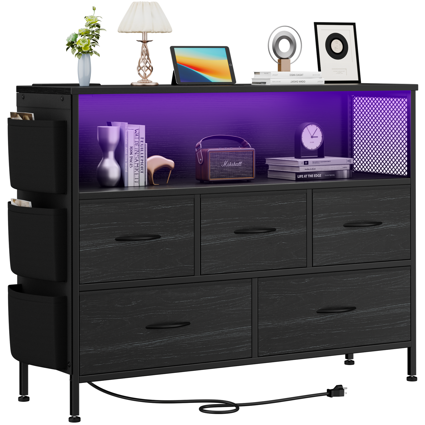 GIKPAL Dresser TV Stand, Dressers for Bedroom Furniture, Black Dresser Up to 45" TV with LED & Outlets, 5 Fabric Chest of Drawers Nightstand for Living Room, Entryway