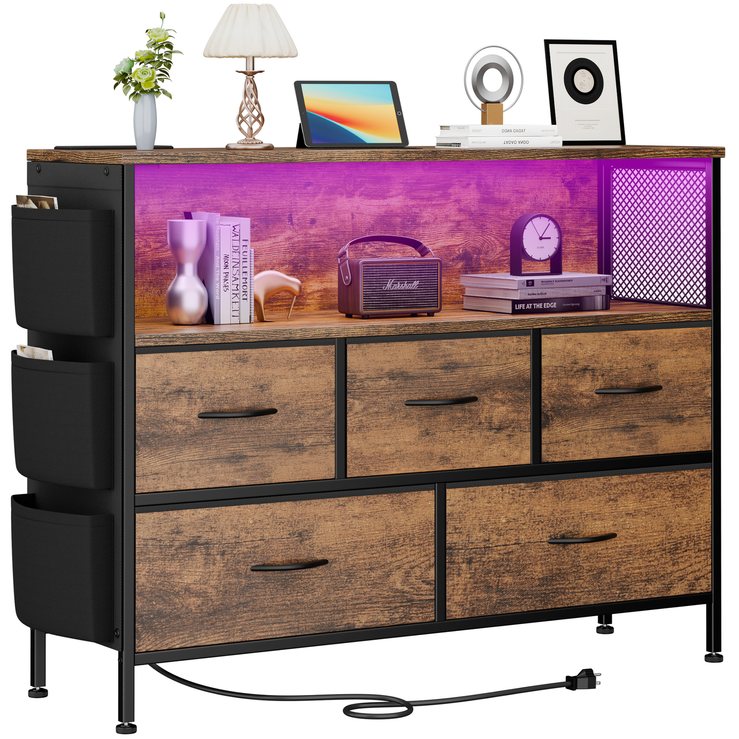 GIKPAL Dresser TV Stand, Dressers for Bedroom Kids Furniture, 5 Fabric Chest of Drawers for 45" TV, Brown Nightstand with LED & Outlets for Living Room, Entryway