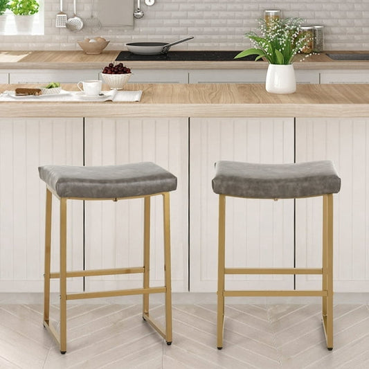 YaFiti 24 Inch Counter Height Bar Stools Saddle Seat Faux Leather Backless Stools Chairs Set of 2 for Kitchen, Brown