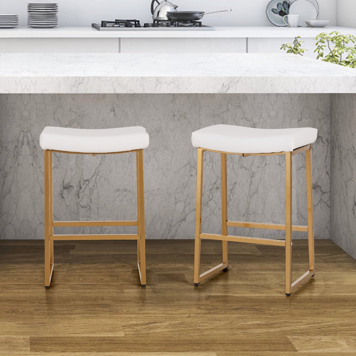 YaFiti 24 Inch Counter Height Bar Stools Saddle Seat Faux Leather Backless Stools Chairs Set of 2 for Kitchen, White