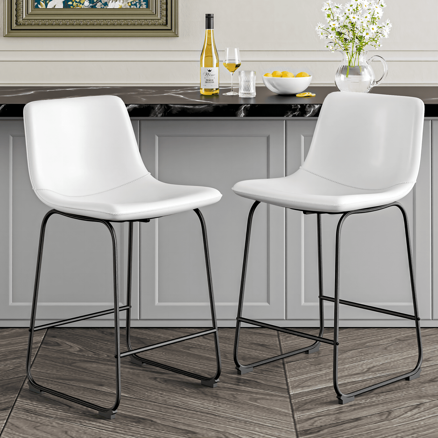 YaFiti Barstools 26'' PU Leather Counter Height Bar Stools Set of 2 with Back Modern Armless Chairs with Footrest and Metal Legs for Kitchen Living Room Pub, White