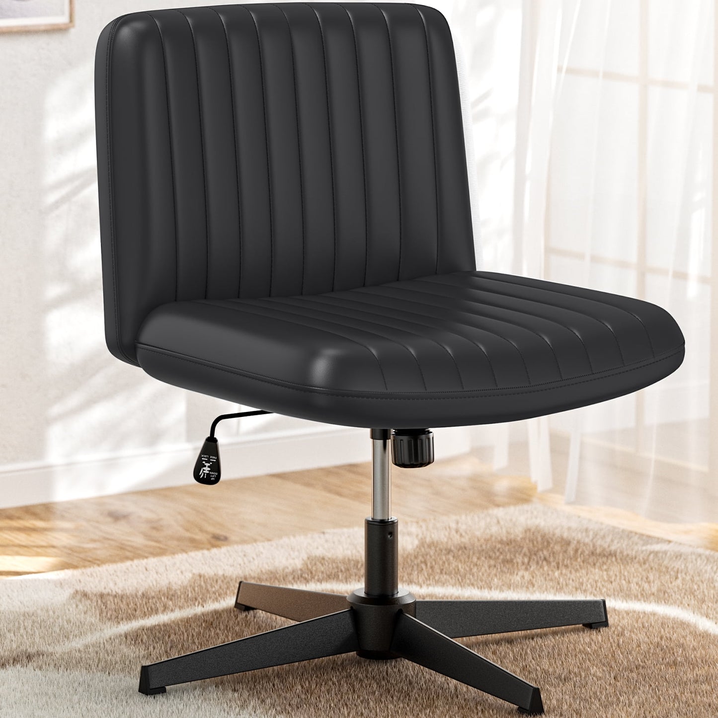 YaFiti PU-Padded Armless Office Desk Chair No Wheels, High-Back Wide Seat Home Office Desk Chair, 120°Rocking Cross Legged Computer Task Chairs, Black