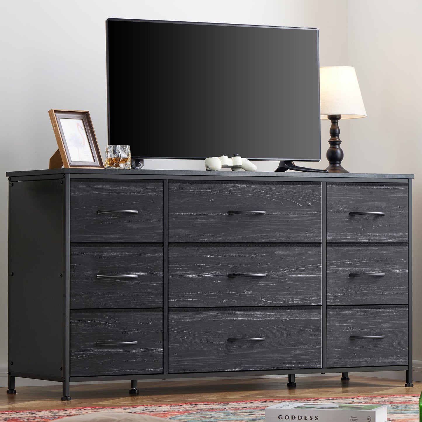 GIKPAL TV Stand Dresser for 45'' 50'' TV, Dressers for Bedroom with 5 Fabric Drawers, Long Dresser with LED Lights and Electrical Outlets, Black