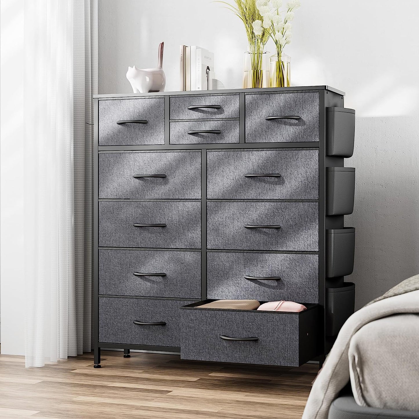 Lulive 12 Drawer Dresser, Chest of Drawers for Bedroom with Side Pockets and Hooks, Gray