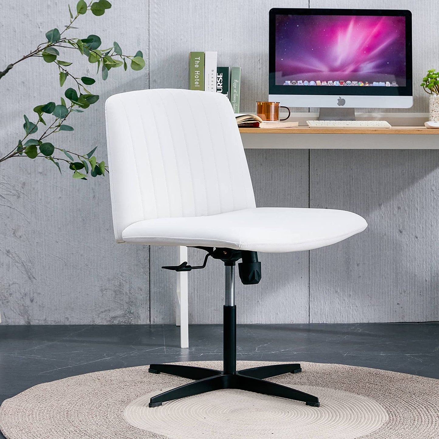 YaFiti Armless Office Desk Chair No Wheels Modern Swivel Vanity Chair, Height Adjustable Wide Padded Seat PU Leather Material Computer Task Chair for Home Office White