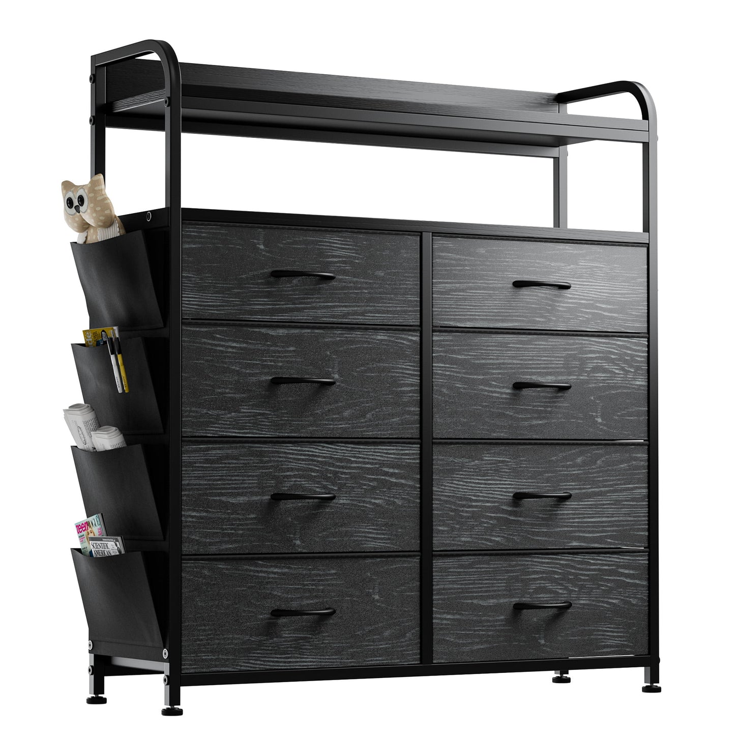 Lulive Drawer Dresser for Bedroom, Chest of 8 Drawers with Side Pockets and Hooks, Fabric Storage Organizer and Wood Top, Black