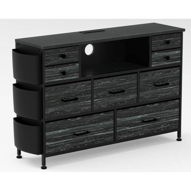 AOWOS Black Dresser for Bedroom,9 Drawer Dresser TV Stand Up to 50" TV with LED & Power Outlets, Fabric Chest of Drawers with 3 side pockets