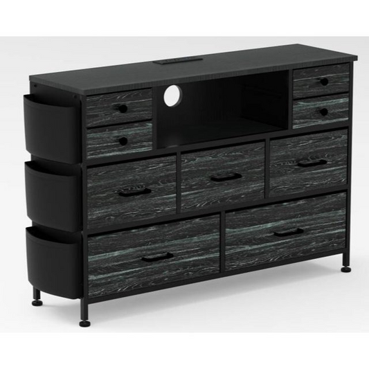 AOWOS Black Dresser for Bedroom,9 Drawer Dresser TV Stand Up to 50" TV with LED & Power Outlets, Fabric Chest of Drawers with 3 side pockets