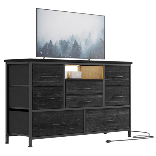 AOWOS Black Dresser for Bedroom,9 Drawer Dresser TV Stand Up to 50" TV with LED & Power Outlets, PU Fabric Chest of Drawers with 3 side pockets