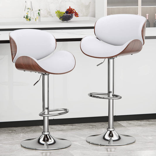 Aowos Bar Stool Adjustable Swivel Bar Stools Set of 2, Mid-Century Modern PU Leather Upholstered Counter Barstools, Kitchen Island Chair with Back Set of 2, White