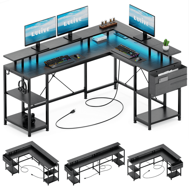 Lulive L Shaped Desk with LED Light and Power Outlet, 95" Reversible Corner Computer Desk with Monitor Stand and Storage Shelf, Modern L- Shaped Gaming Desk, Black