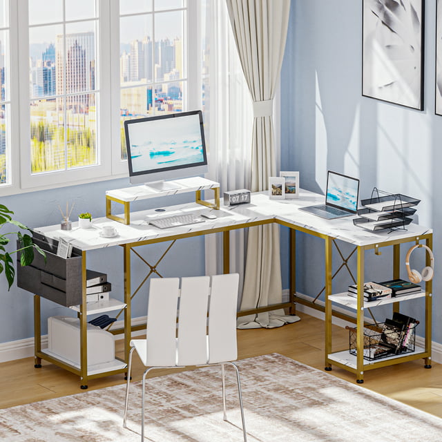 Lulive L Shaped Computer Desk, 95" Reversible Corner Computer Desk with Monitor Stand and Storage Bag, White