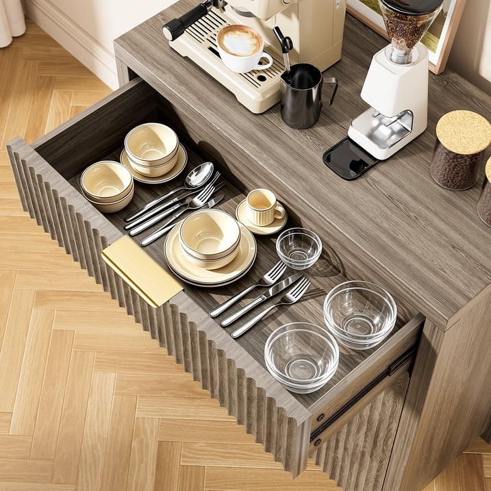 GIKPAL Sideboard Buffet Cabinet, Fluted Kitchen Storage Organizer with Adjustable Shelf and Doors, Modern Accent Cabinet with Storage Drawer for Dining Living Room, Gray Oak