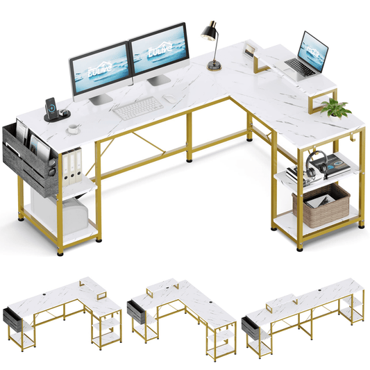 Lulive L Shaped Desk, 95" Computer Desk Marble Desk Adjustable Designs, Corner L Shaped Desk with 4 Shelves, Monitor Stand, Storage Bag, Hooks, for Home Office, White