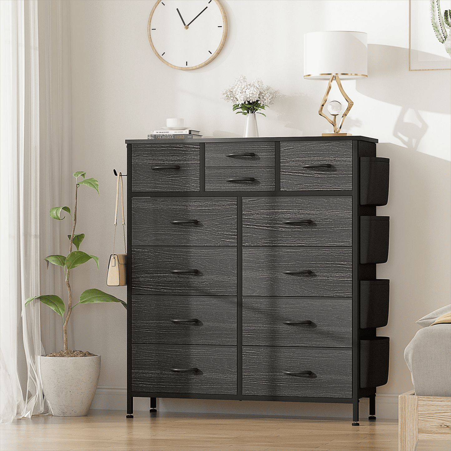 Lulive 12 Drawer Dresser, Chest of Drawers for Bedroom with Side Pockets and Hooks, Black