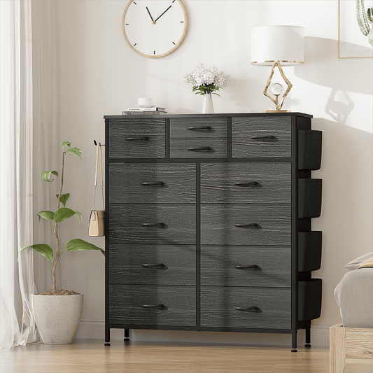 Lulive 12 Drawer Dresser, Chest of Drawers for Bedroom with Side Pockets and Hooks, Black