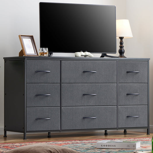 GIKPAL TV Stand Dresser for 45'' 50'' TV, Dressers for Bedroom with 5 Fabric Drawers, Long Dresser with LED Lights and Electrical Outlets,PU Black