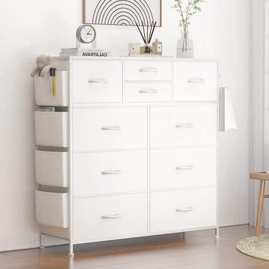 Lulive 10 Drawer Dresser, Chest of Drawers for Bedroom with Side Pockets and Hooks, PU Storage Dresser, Sturdy Steel Frame, Wood Top, Organizer Unit for Nursery, Hallway White