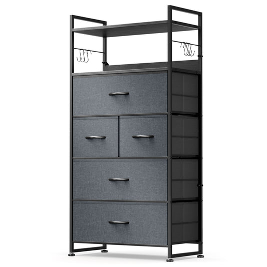 GIKPAL 5 Drawers Dresser, Chest of Drawers Dresser for Bedroom Storage Small Dresser Fabric Dressers Unit with Hooks Sturdy Metal Frame Wood Top, Gray