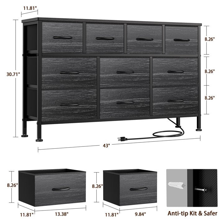 GIKPAL Dresser TV Stand, 10 Drawer Dressers for Bedroom with Power Outlet, Chest of Drawers for 55" Long TV, Fabric Dresser for Storage and Organization, Black Set of 2