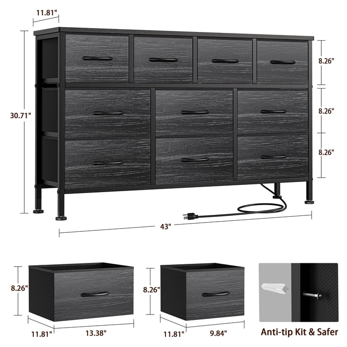 GIKPAL Dresser TV Stand, 10 Drawer Dressers for Bedroom with Power Outlet, Chest of Drawers for 55" Long TV, Fabric Dresser for Storage and Organization, Black Set of 3