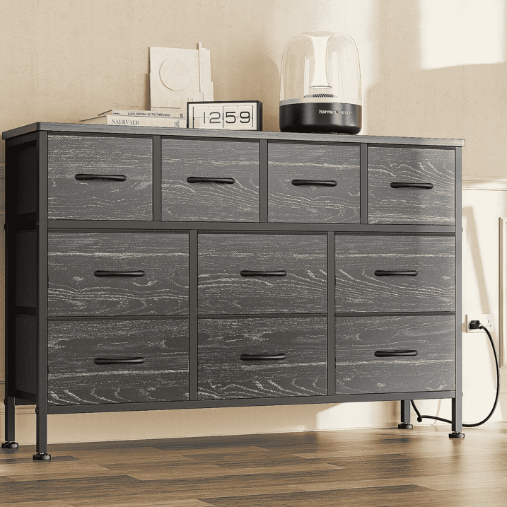 GIKPAL Dresser TV Stand, 10 Drawer Dressers for Bedroom with Power Outlet, Chest of Drawers for 55" Long TV, Fabric Dresser for Storage and Organization, Black Set of 3