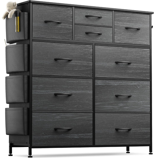 Wostoo Drawers Dressers for Bedroom, Chest of 10 Drawers Fabric Dresser Storage Organizer Unit with Hooks Sturdy Metal Frame Wood Top, Black