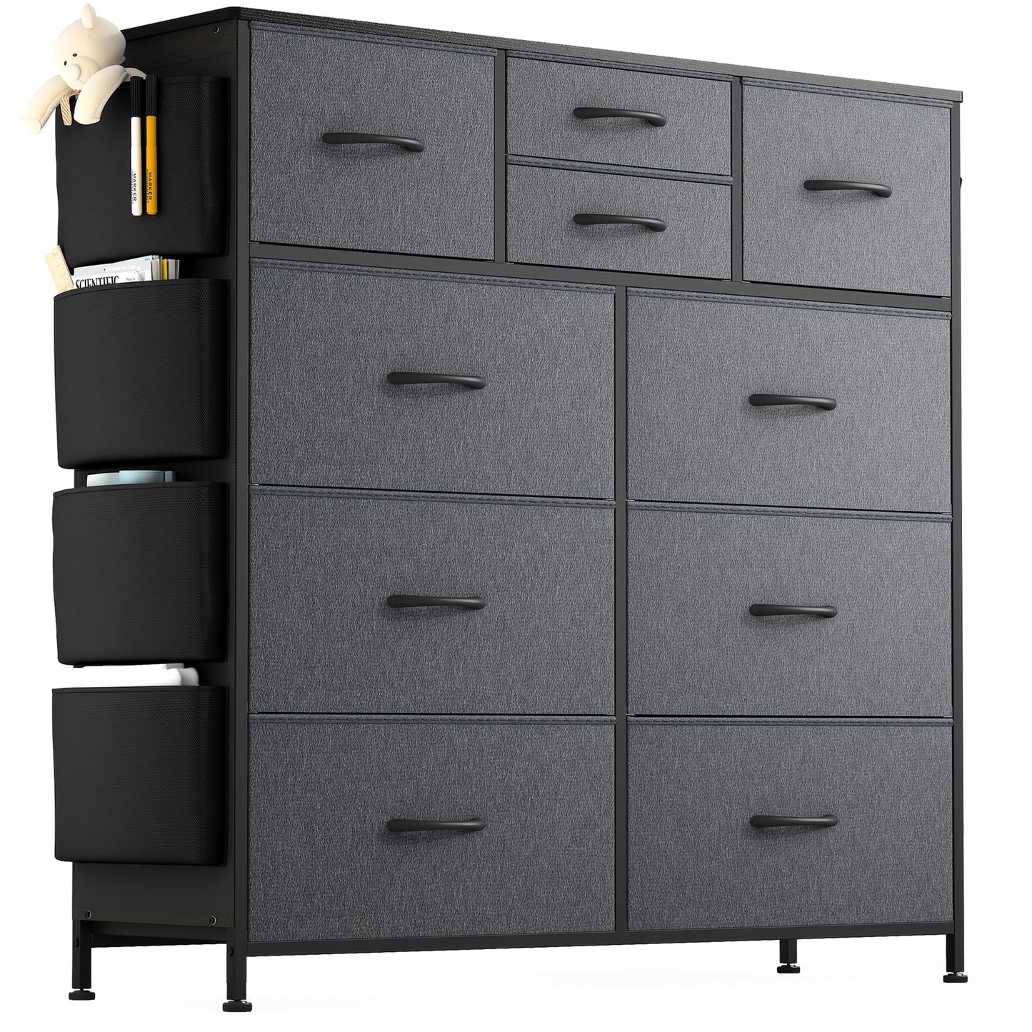 Wostoo 10 Drawer Dresser, Chest of Drawers for Bedroom with Side Pockets and Hooks Fabric Storage Dresser Sturdy Steel Frame Wood Top Organizer Unit for Nursery Hallway Closet Dark Grey