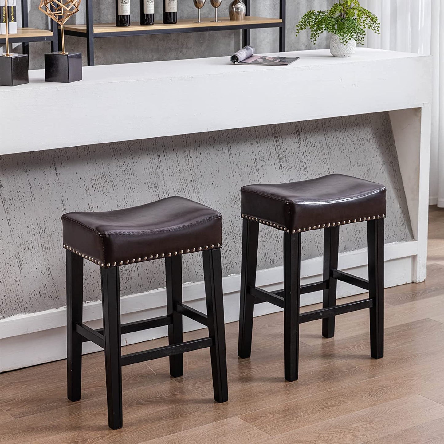 YaFiti 26" PU Leather Bar Stools Set of 2 with Solid Wood Legs Mid-Century Backless Kitchen Chairs Saddle Seat with Metal Nailheads Counter Height Chairs Island Chairs Brown