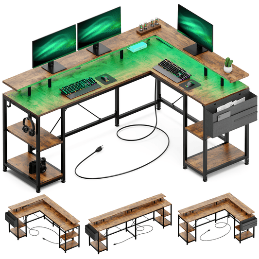 Lulive L-Shaped Gaming Desk, 95" Reversible Corner Computer Desk with Power Outlet & LED Strip, Home Office Desk with Monitor Stand, Storage Shelf and Storage Bag, Rustic Brown